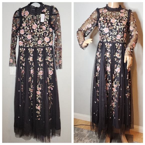NWT Tolani Embroidered Black Tulle Sheer Maxi Dress Size Small Petite - Picture 1 of 16